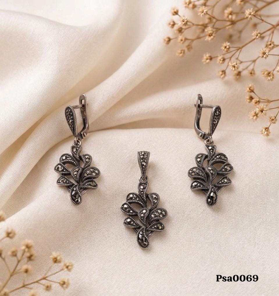 Marcasite Leaf Oxidized Silver Pendant Set