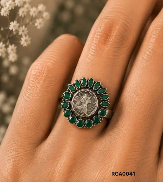 Vintage Victoria Coin Marquise Green Onyx Ring