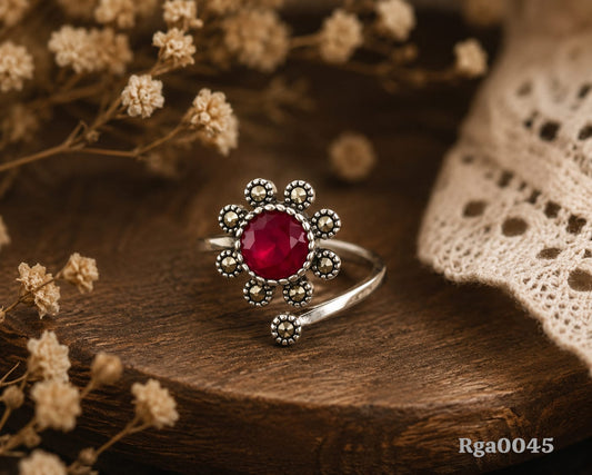 Floral Marcasite Red Stone Ring