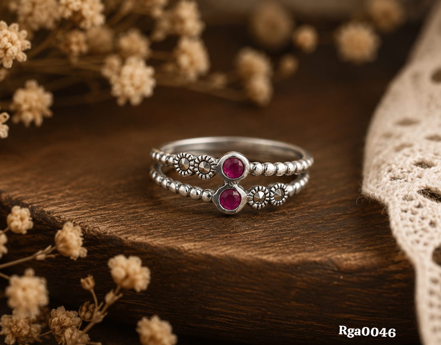 Double-Band  Red Stone Marcasite Ring