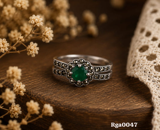 Floral Green Stone Marcasite Ring