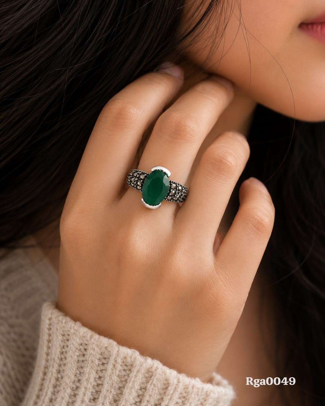Oval Green Stone Marcasite Ring