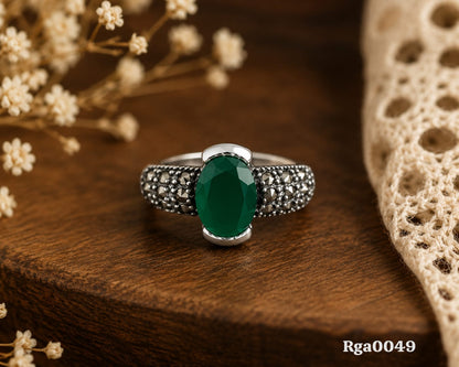 Oval Green Stone Marcasite Ring