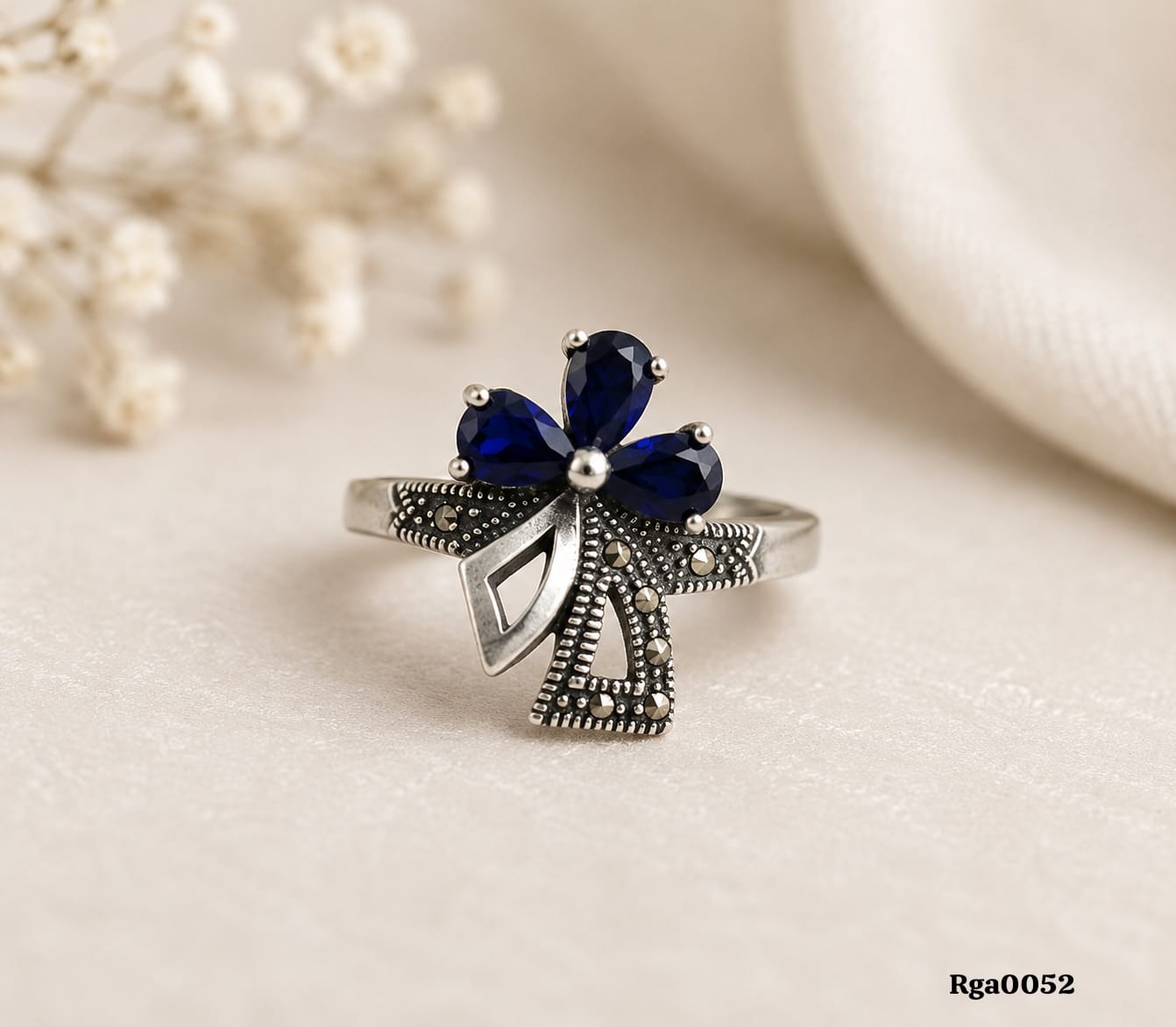 Marcasite Blue Stone Decorative Ring