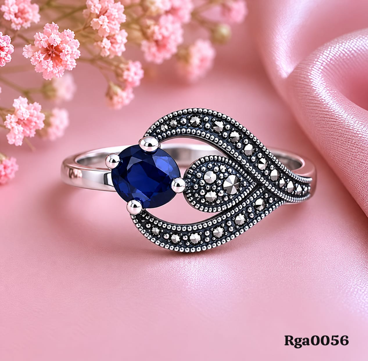 Leaf Motif Blue Stone Marcasite Ring