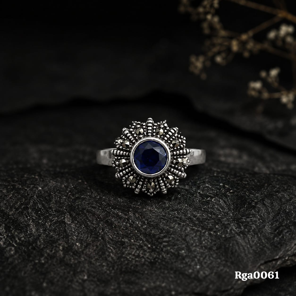 Marcasite Blue Stone Cluster Ring