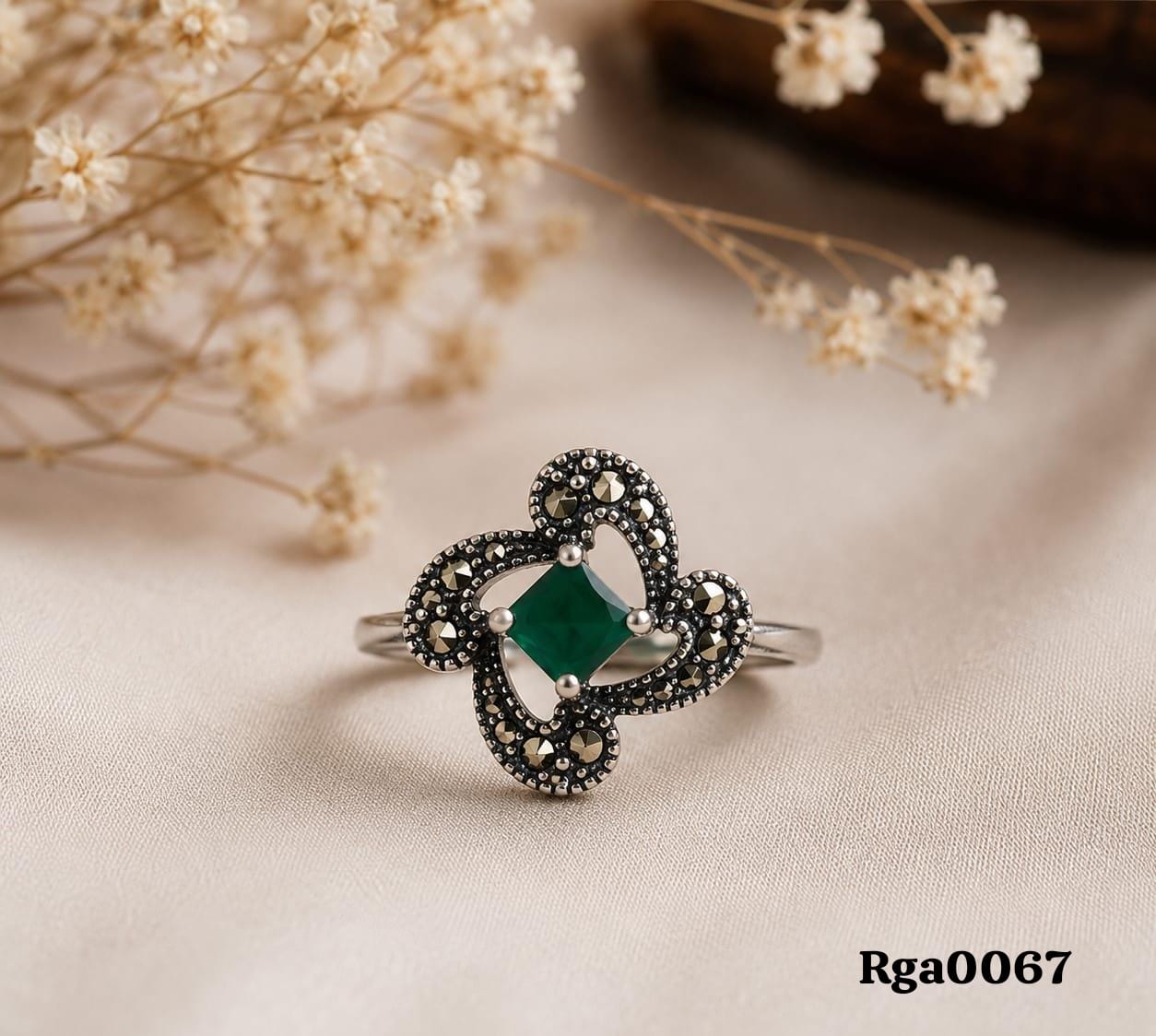 Square Green Stone Floral Marcasite Ring