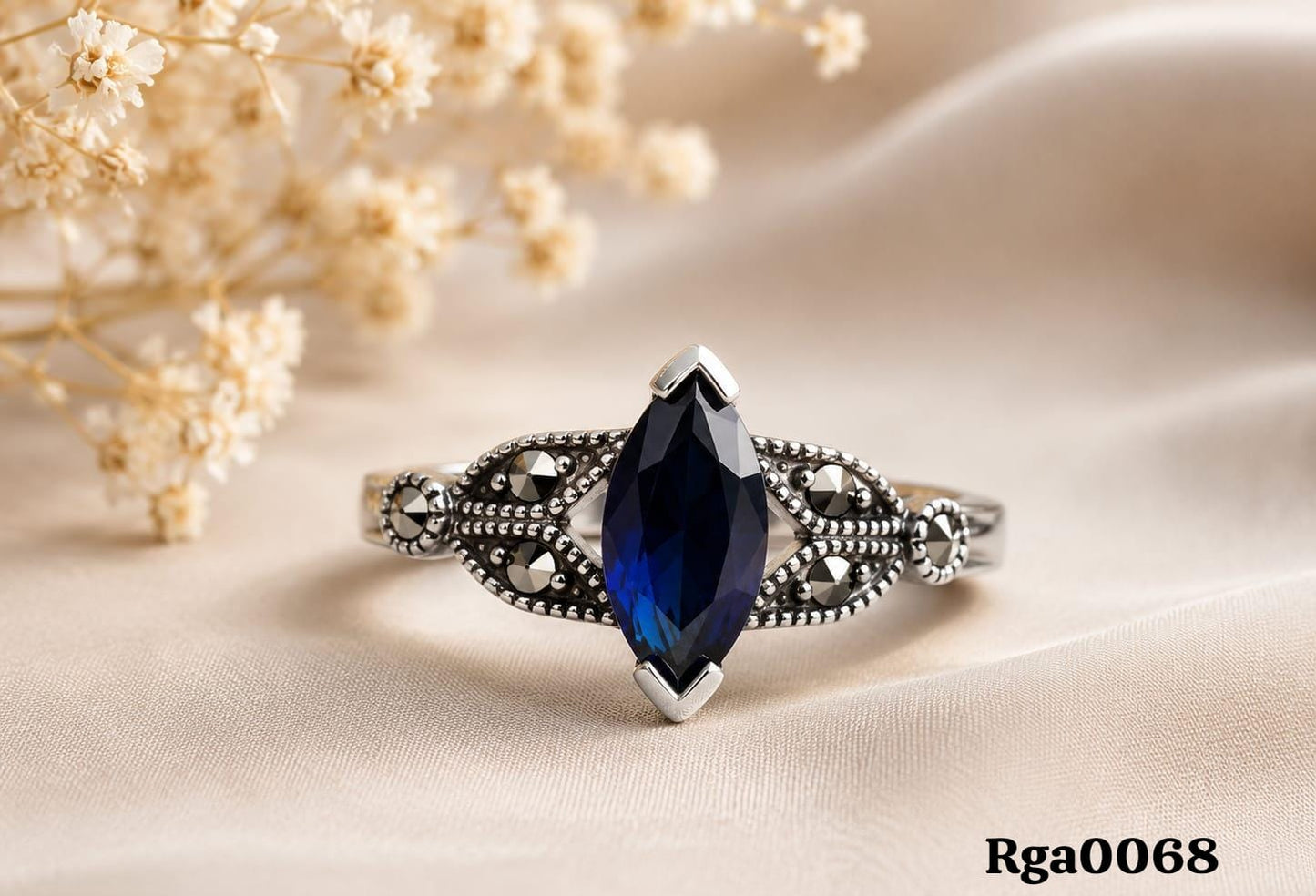 Marquise Blue Stone Marcasite Ring