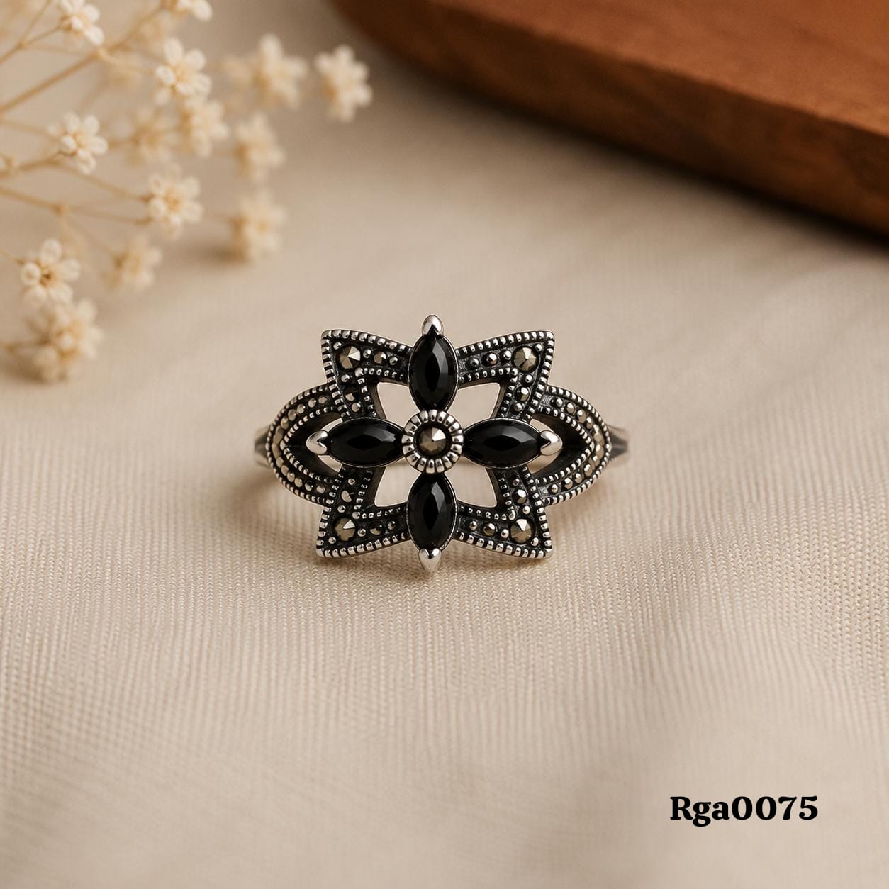 Sterling Silver Marcasite and Black Stone Ring