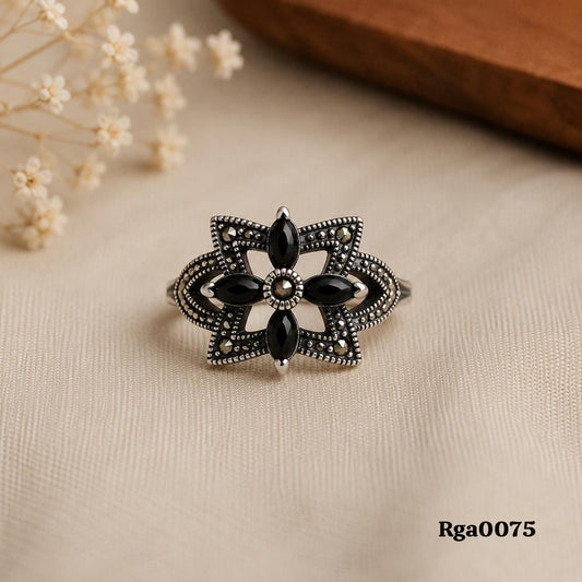 Sterling Silver Marcasite and Black Stone Ring