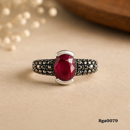 Sterling Silver Marcasite Red Stone