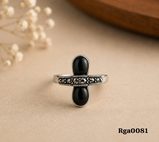 Cross Black Stone Marcasite Ring