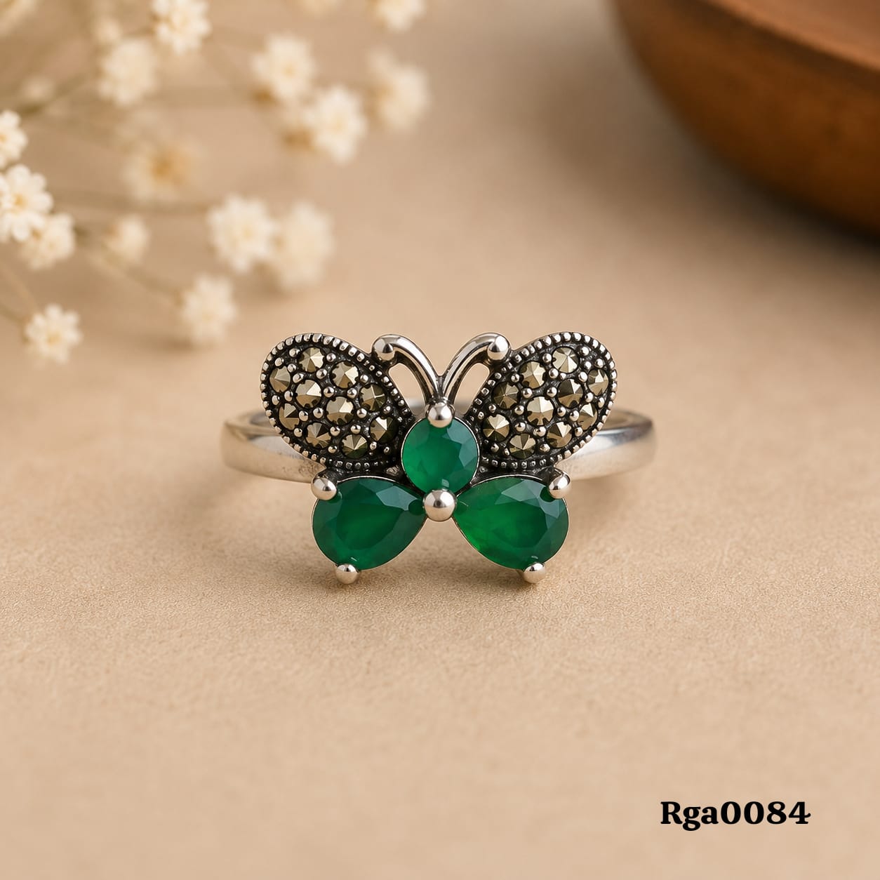 Sterling Silver Marcasite Green Stone Butterfly Ring