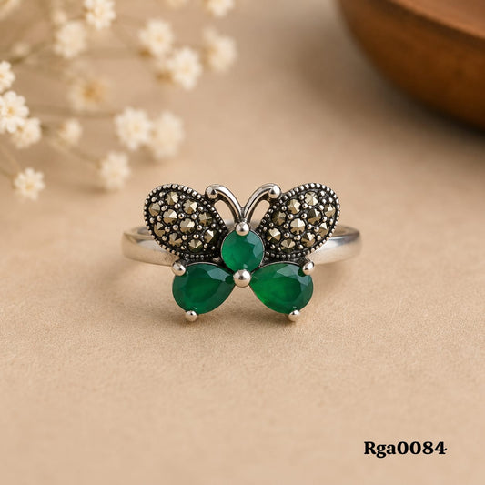 Sterling Silver Marcasite Green Stone Butterfly Ring