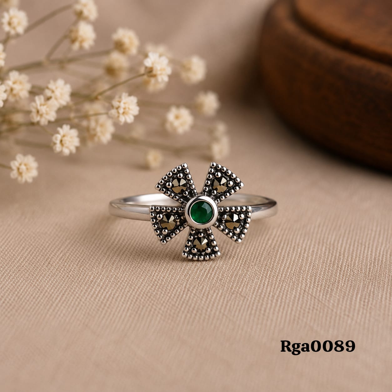 Petal Green Stone Marcasite Ring