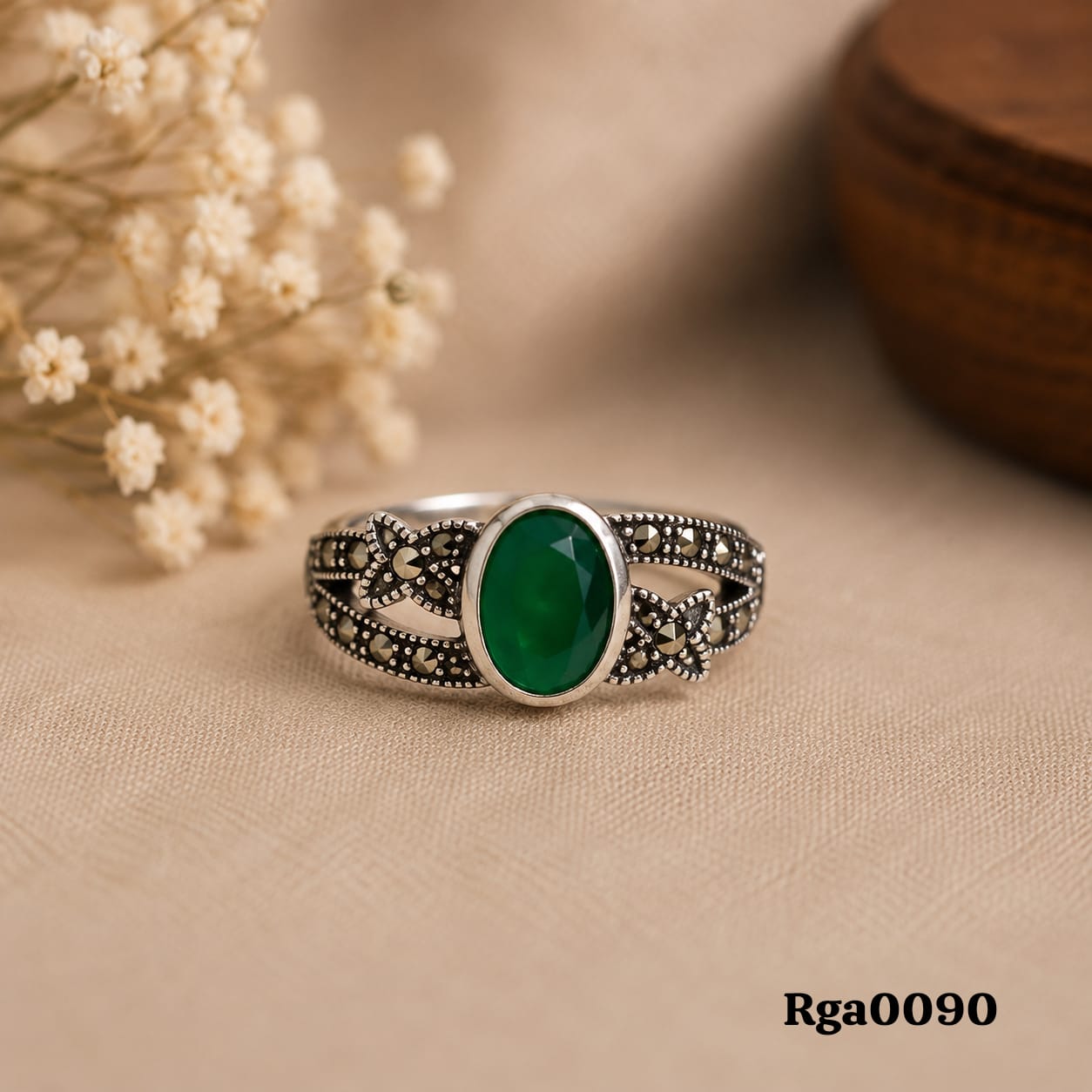 Oval Green Stone Flanked Marcasite Ring