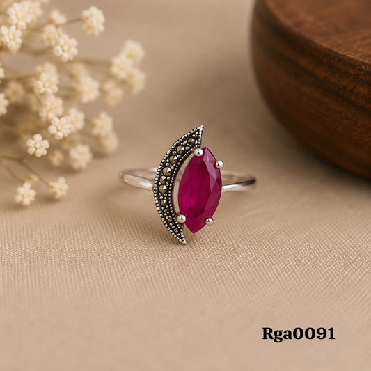 Marquise Red Stone Leaf Marcasite Ring