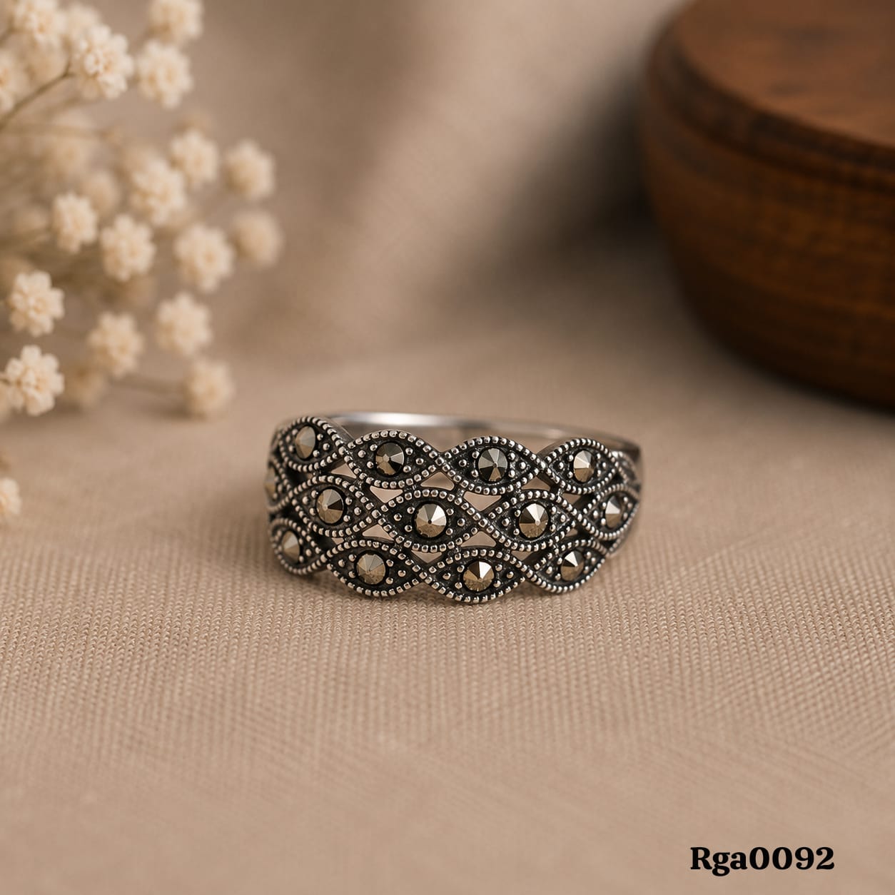 Wide Lattice Pattern Marcasite Ring