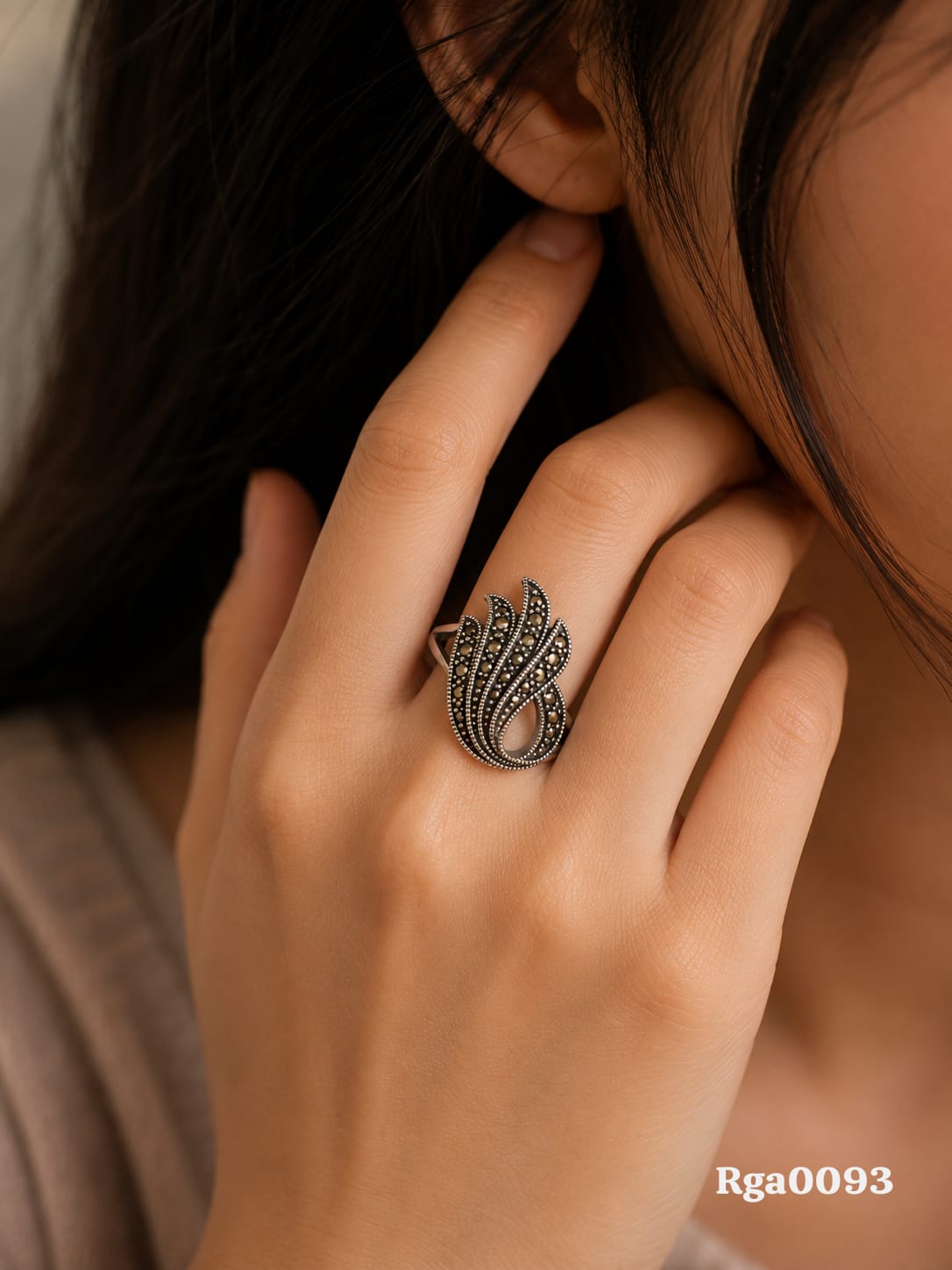 Feather Motif Marcasite Ring