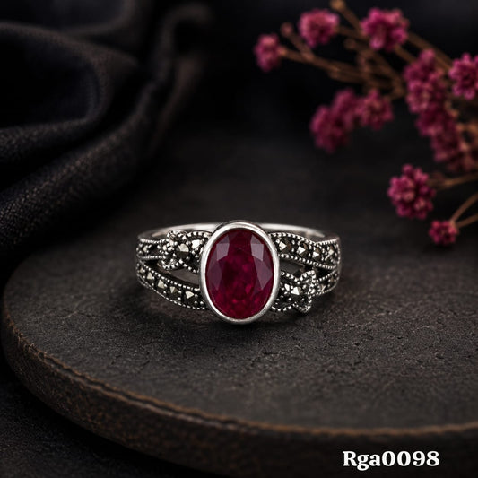 Petite Oval Red Stone Marcasite Ring