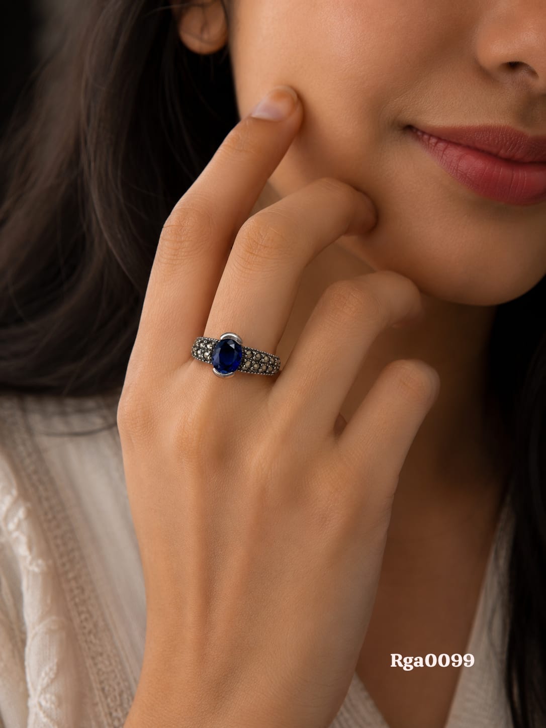 Sterling Silver Marcasite Blue Oval Stone Ring