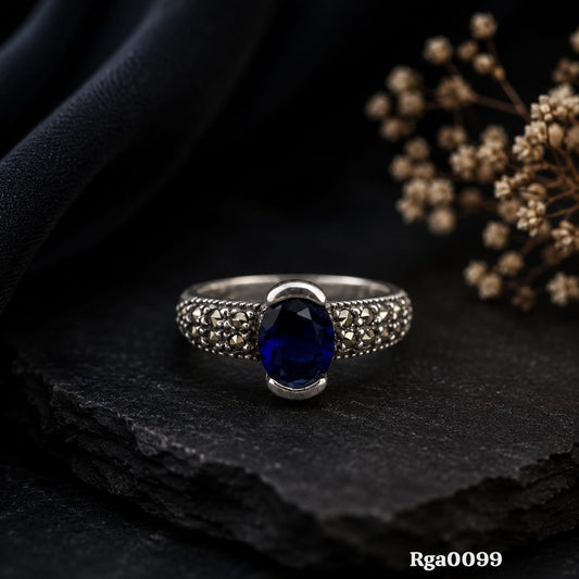 Sterling Silver Marcasite Blue Oval Stone Ring