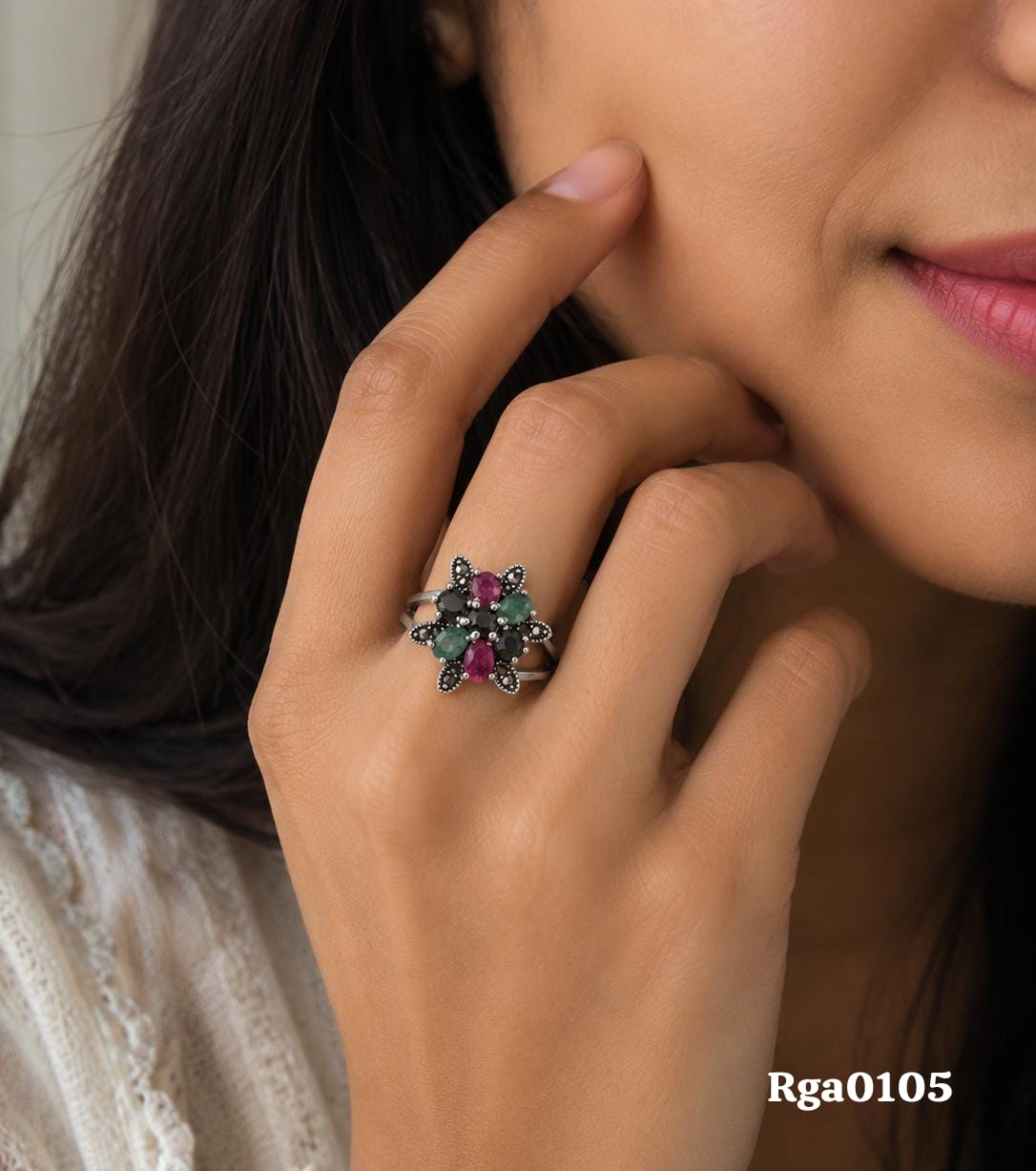Floral Cluster Multi-Stone Marcasite Ring