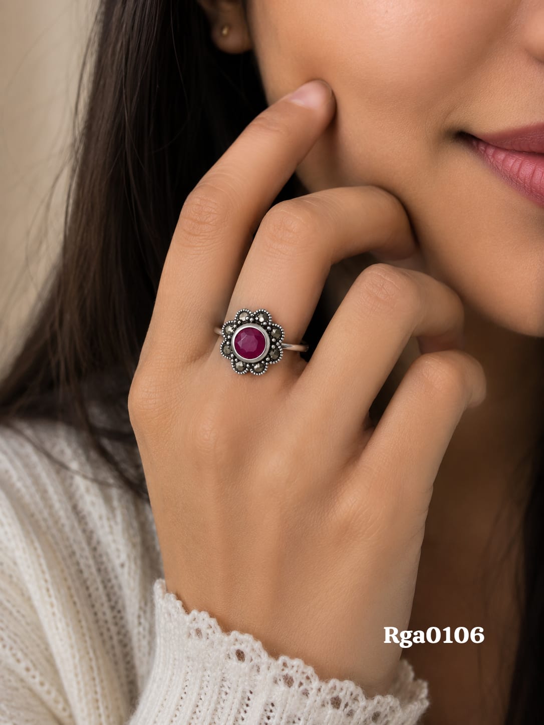 Scalloped Red Stone Marcasite Ring