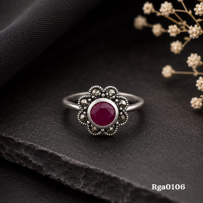 Scalloped Red Stone Marcasite Ring