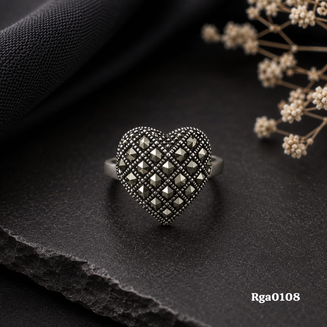 Sterling Silver Heart-Shaped Marcasite Ring