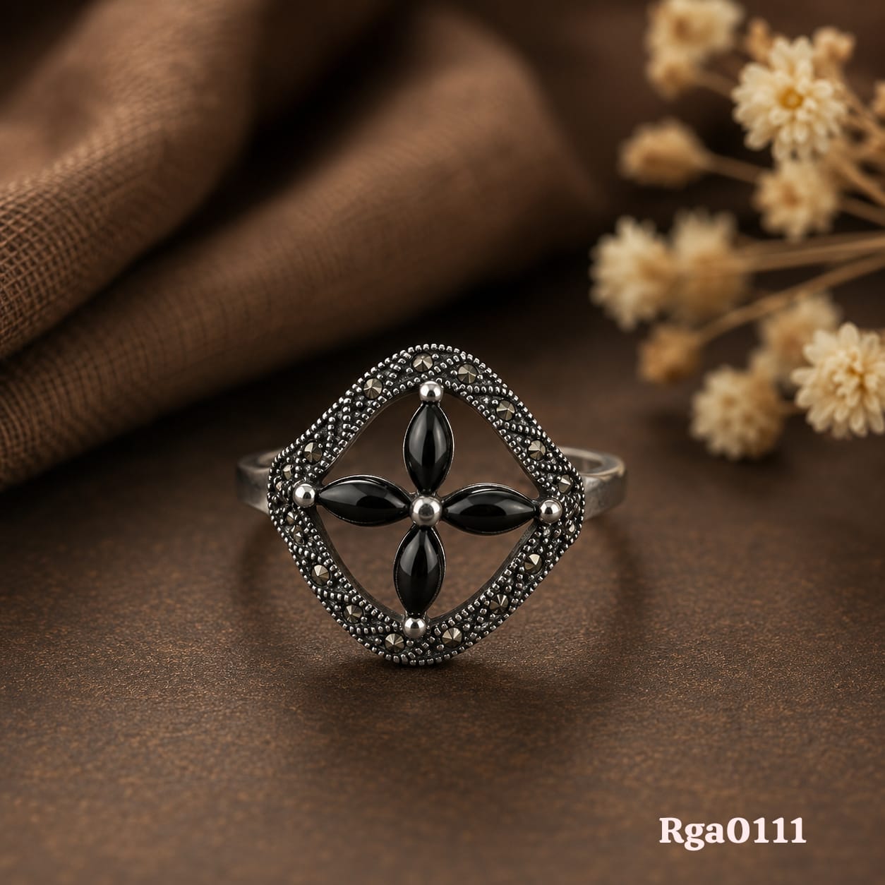 Four-Petal Black Stone Marcasite Ring