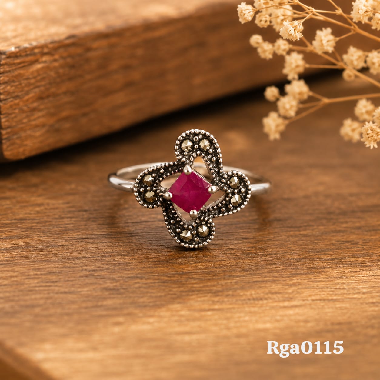Square Red Stone Floral Marcasite Ring