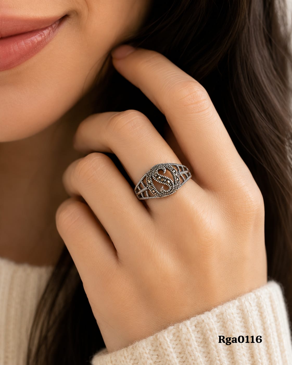 Sterling Silver Marcasite Initial Ring