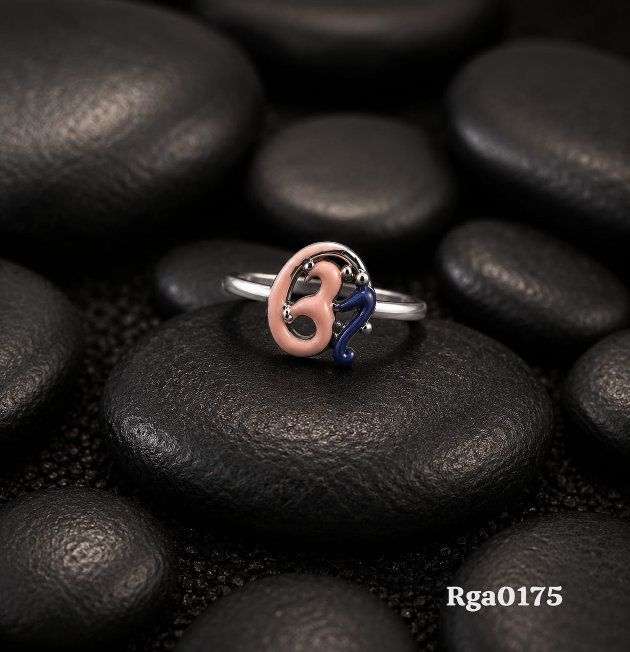 Peach Blue Enamel Motif Ring