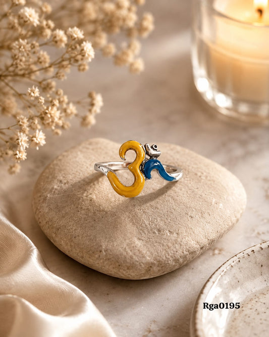 Yellow Blue Enamel Om Motif Ring