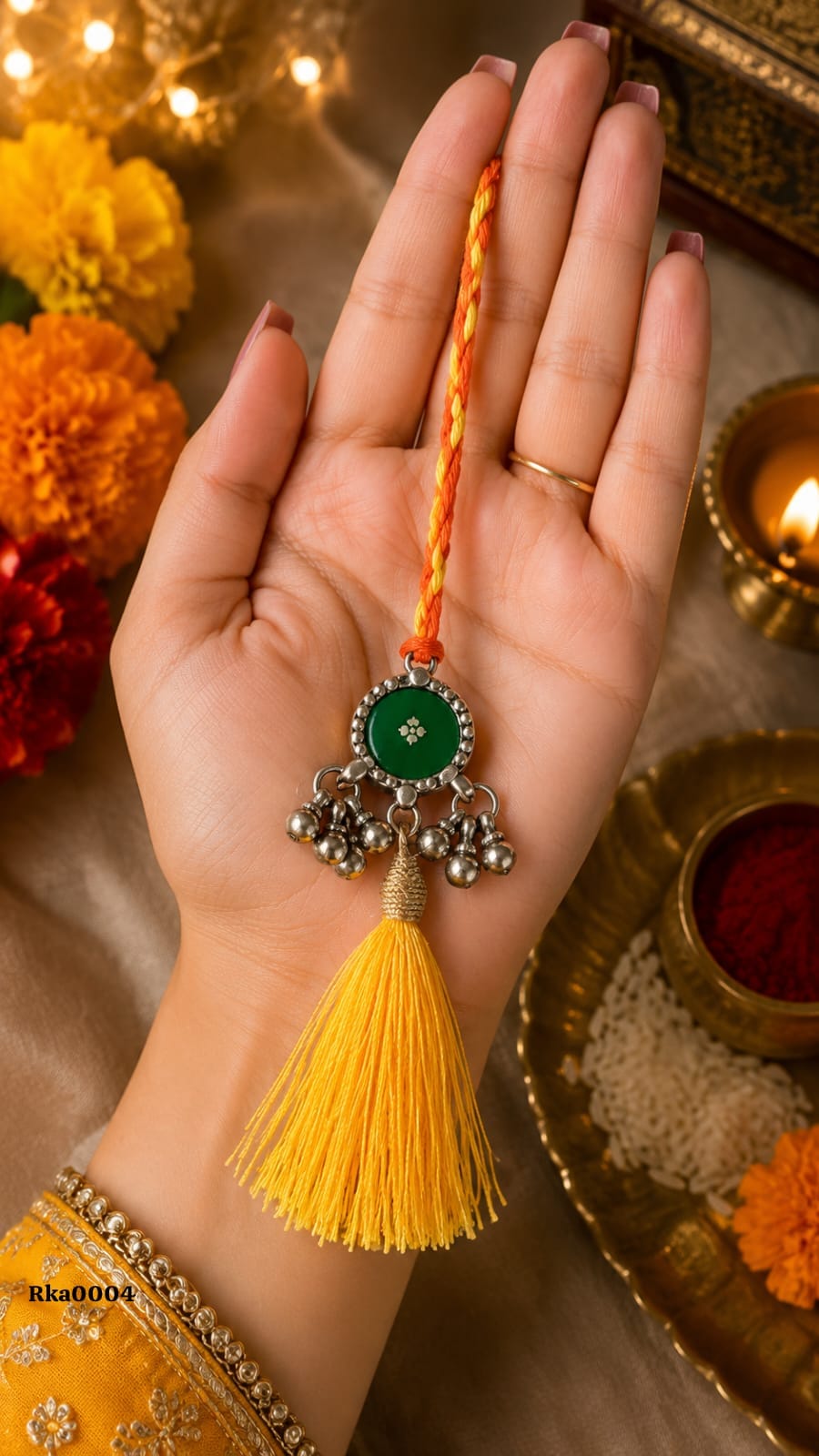 Stone-Accented Silver Rakhi with yellow tassel