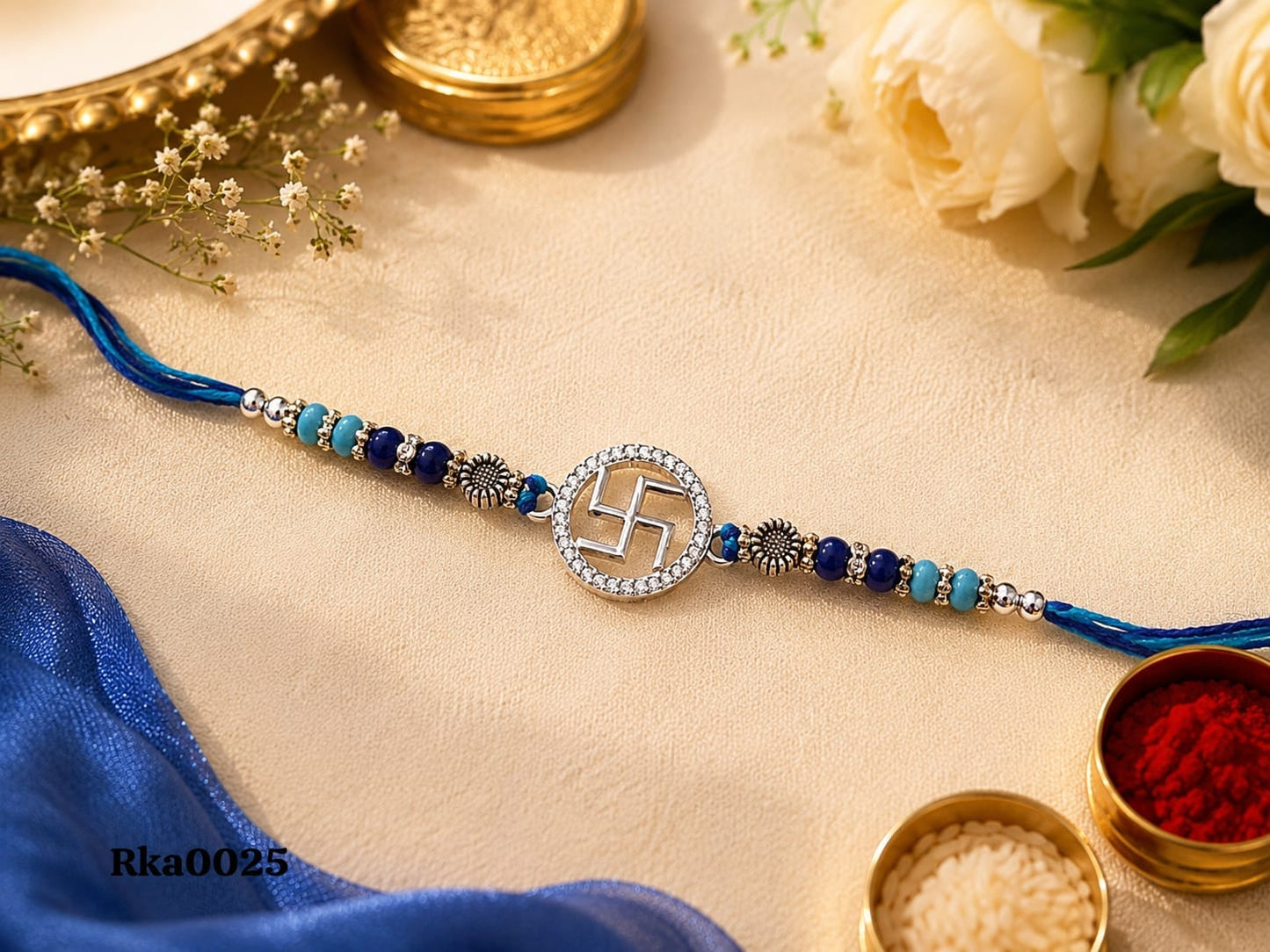 Swastik Stone-Studded Silver Rakhi