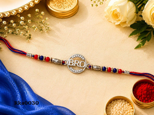 "BRO" Stone-Studded Silver Rakhi