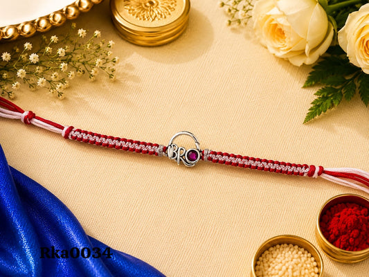 "BRO" Ruby-Tone Stone Silver Rakhi