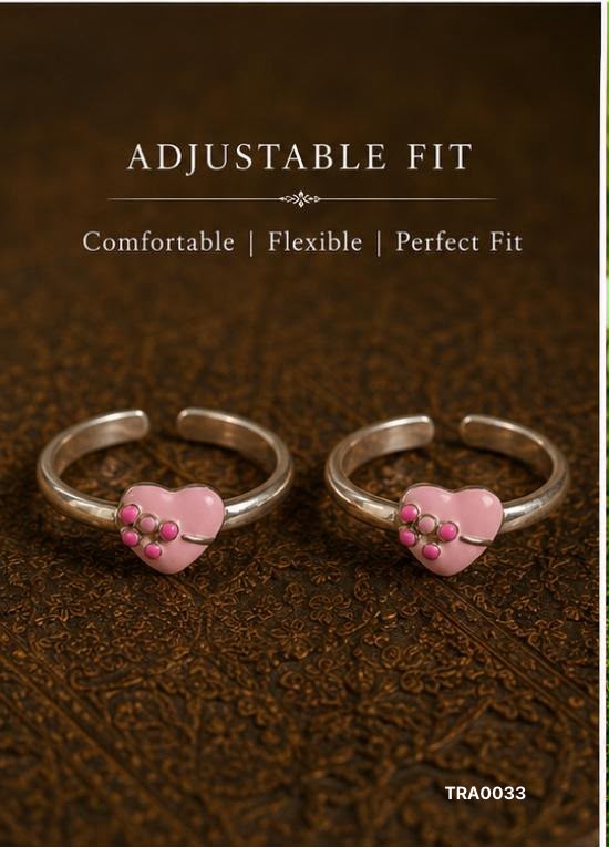 92.5 Sterling Silver Heart Motif Toe Rings - Pink Enamel