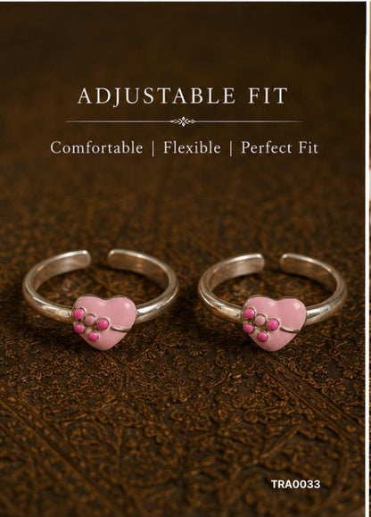 92.5 Sterling Silver Heart Motif Toe Rings - Pink Enamel