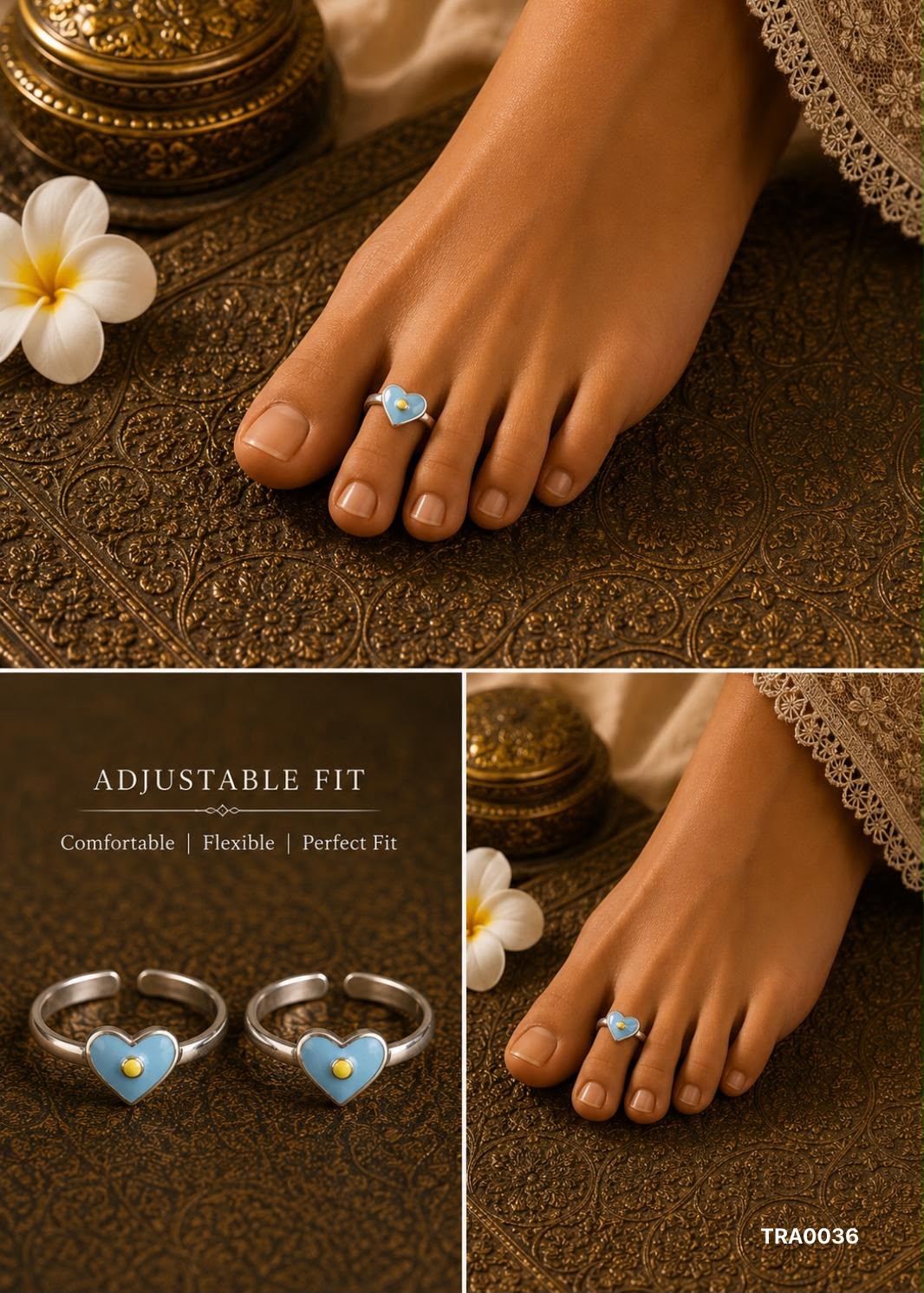 92.5 Sterling Silver heart-shaped motif with a soft blue enamel Toe Rings