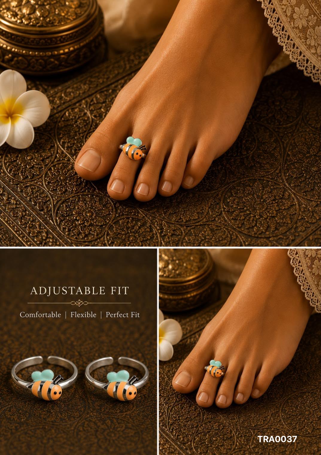 92.5 Sterling Silver bee-shaped motif Enamel Toe Rings