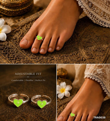 92.5 Sterling Silver heart-shaped motif with a vibrant lime-green enamel Toe Rings