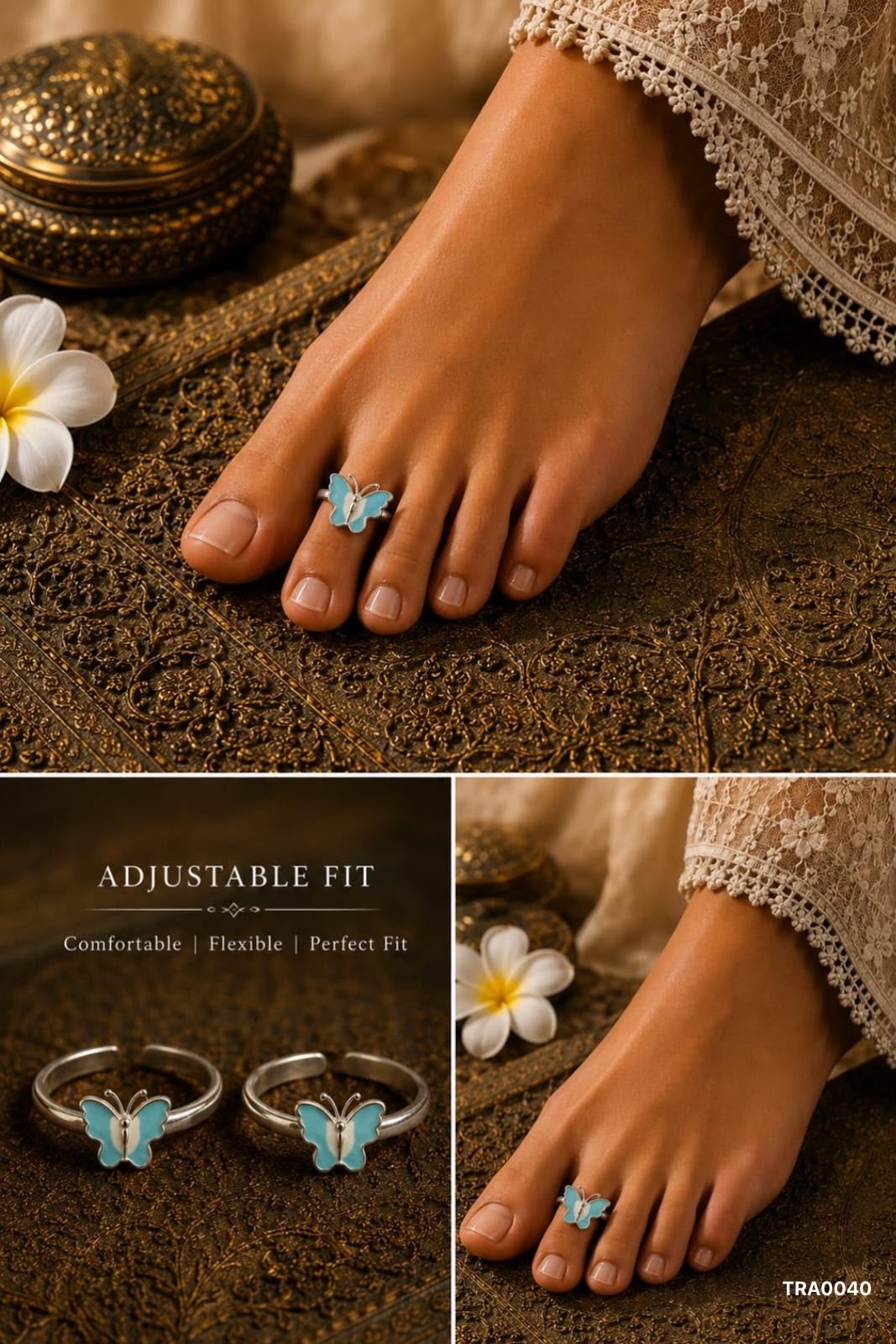 92.5 Sterling Silver butterfly-shaped motif with light blue enamel Toe Rings