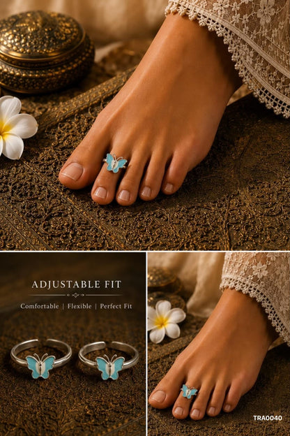 92.5 Sterling Silver butterfly-shaped motif with light blue enamel Toe Rings