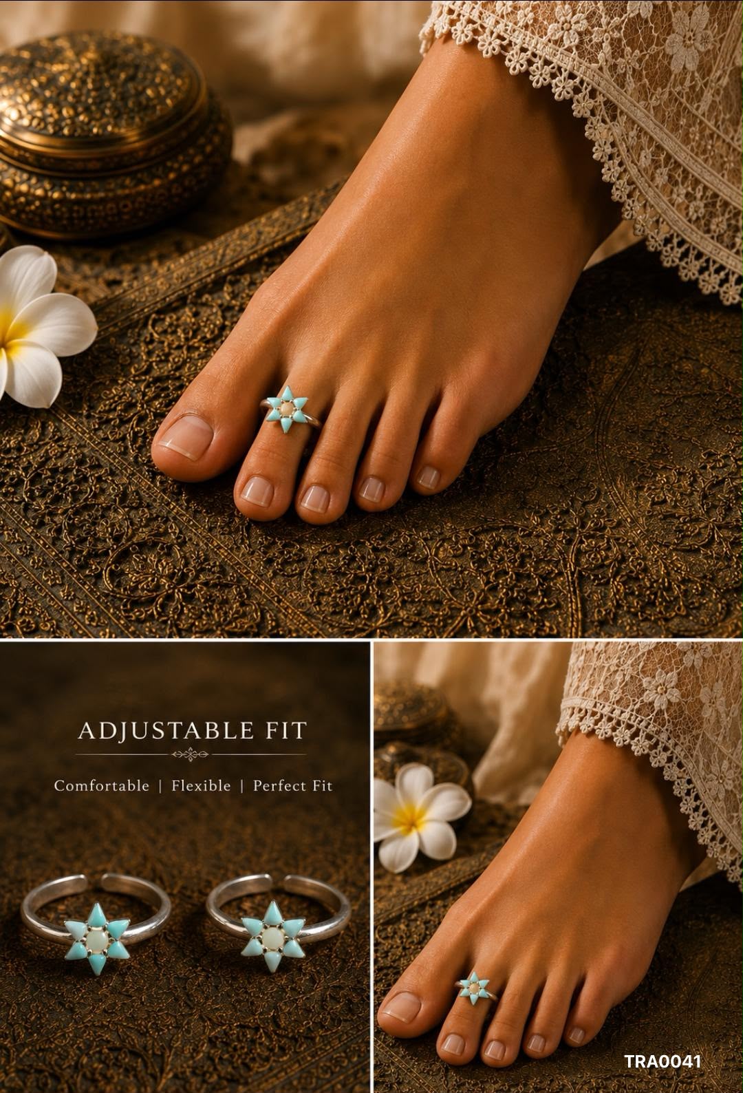 92.5 Sterling Silver star-shaped motif accented with soft turquoise enamel Toe Rings