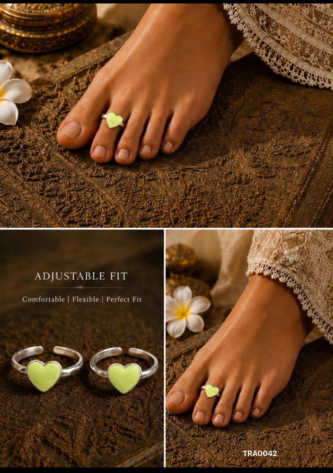 92.5 Sterling Silver heart-shaped motif with a soft lime-green enamel Toe Rings
