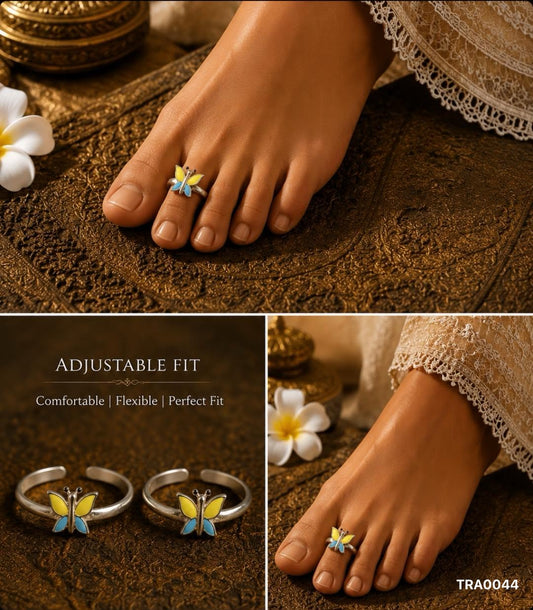 92.5 Sterling Silver butterfly-shaped motif with vibrant yellow and blue enamel Toe Rings