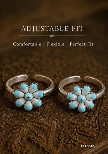 92.5 Sterling Silver floral motif with soft white and turquoise enamel Toe Rings